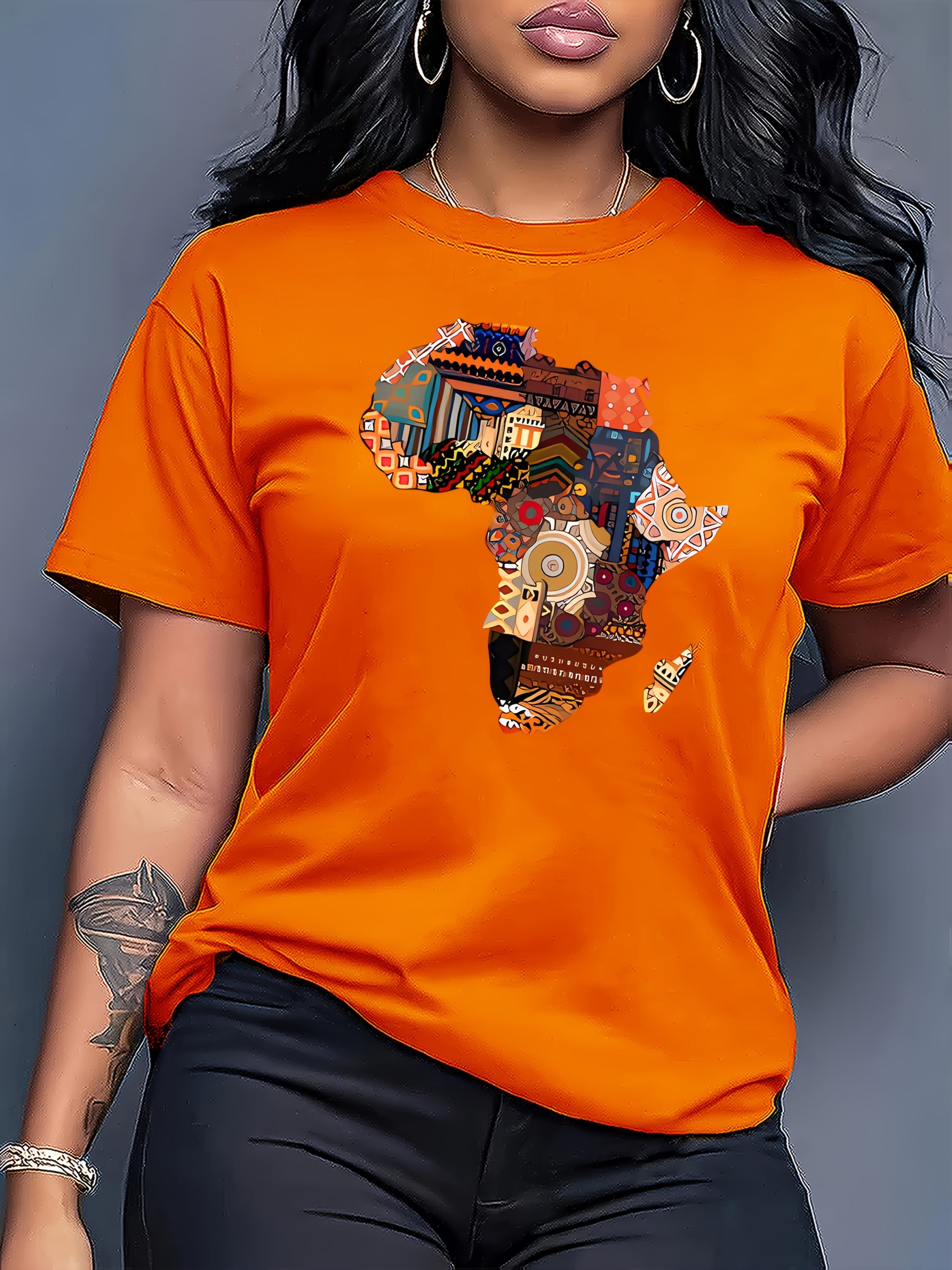 Women's African-Inspired Patchwork Print Casual Short Sleeve T-Shirt - Vibrant Red Round Neck Top with Cultural Motifs, Medium Stretch & Machine Washable for Spring/Summer, Casual Attire, Comfortable Fabric